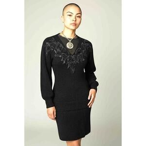 Vintage LIDO New York Black Knit Angora 2-Piece Sweater Skirt Set Outfit Size S